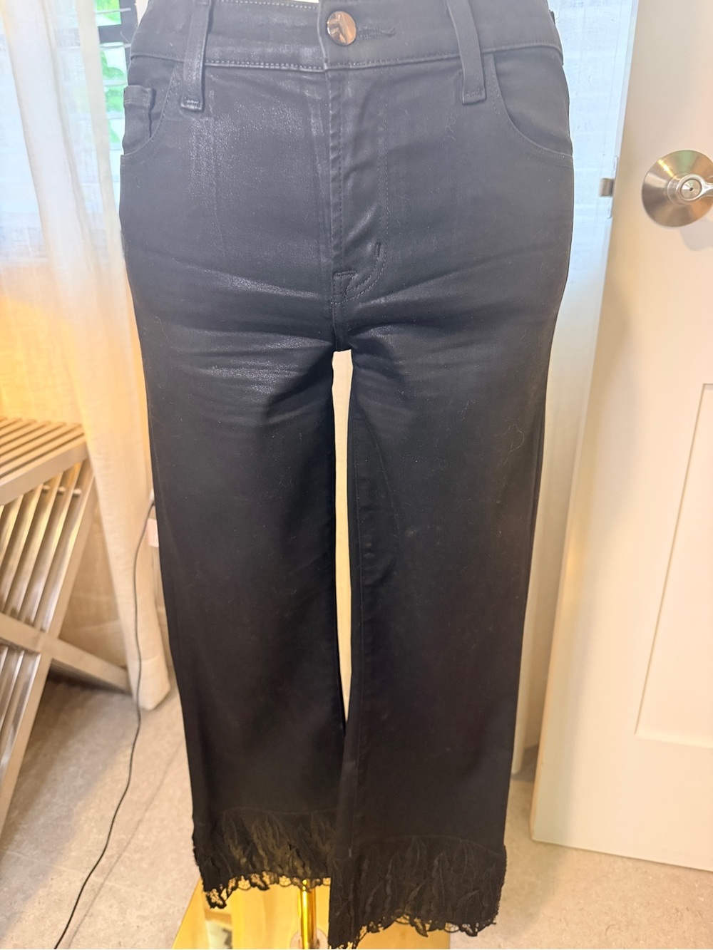 ✨ J BRAND SELENA BLACK COATED PANTS WITH LACE HEM ✨ size 27